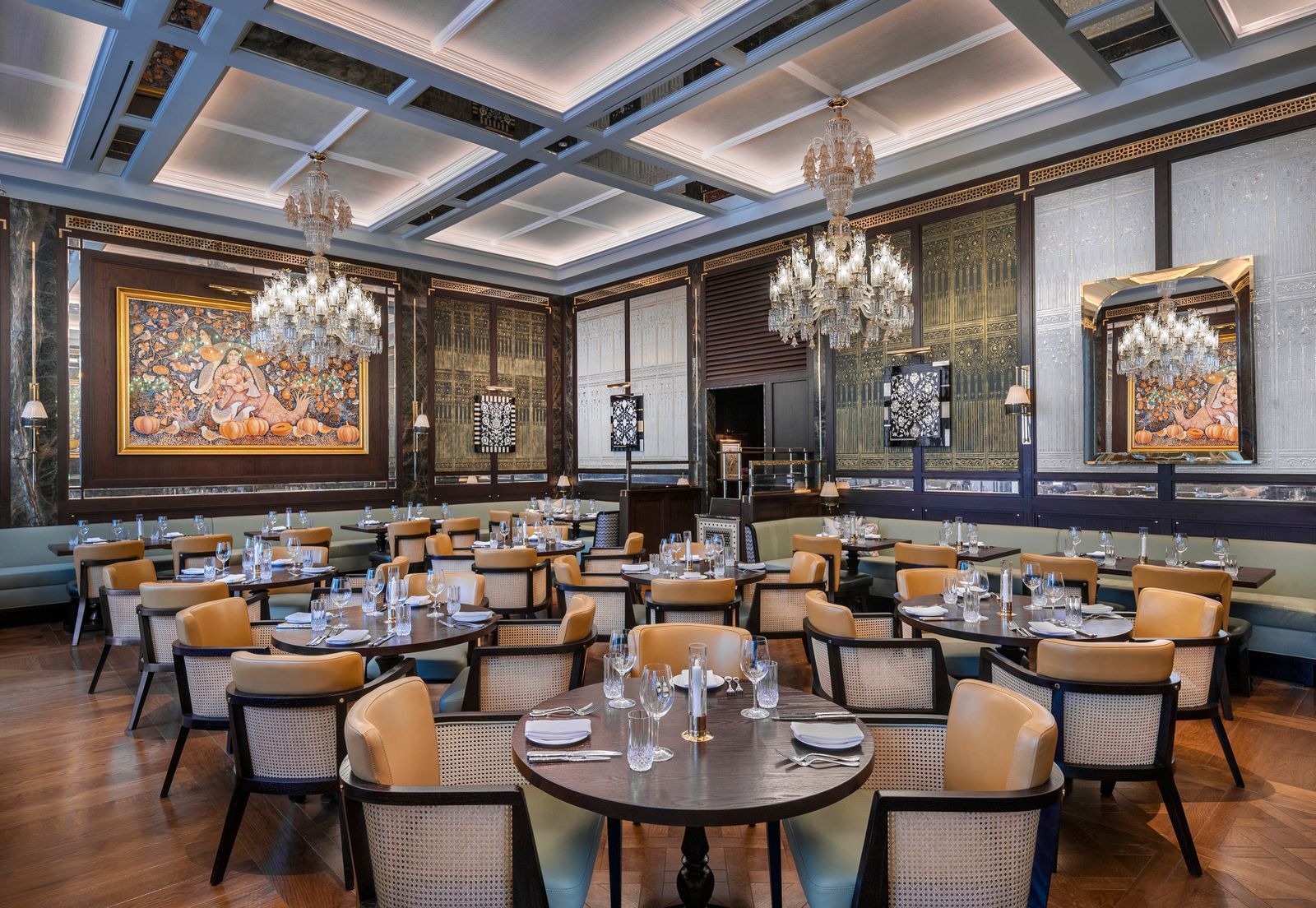 Image may contain Architecture Building Dining Room Dining Table Furniture Indoors Room Table Restaurant and Lamp