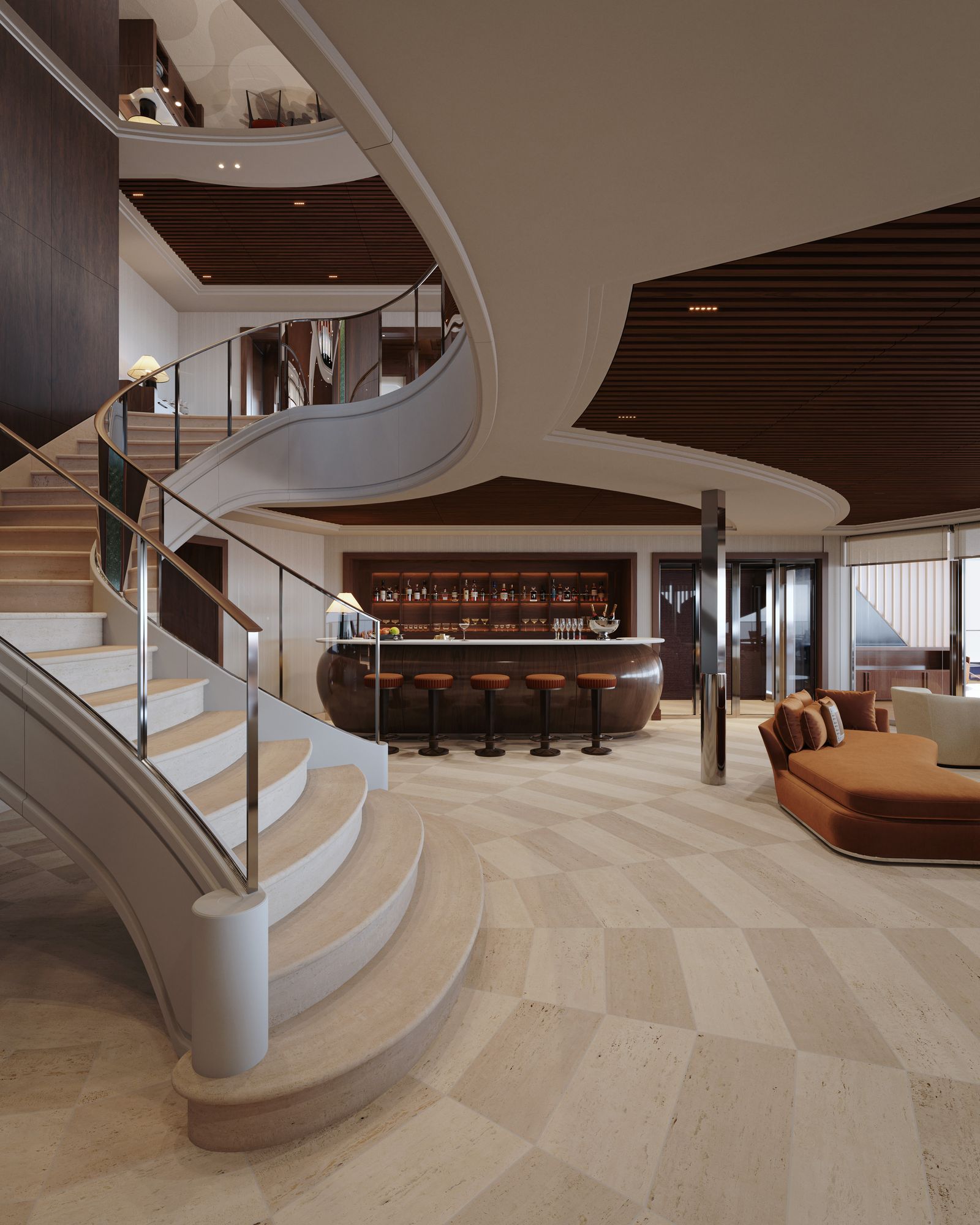 Image may contain Floor Architecture Building House Housing Staircase Flooring Foyer Indoors and Furniture