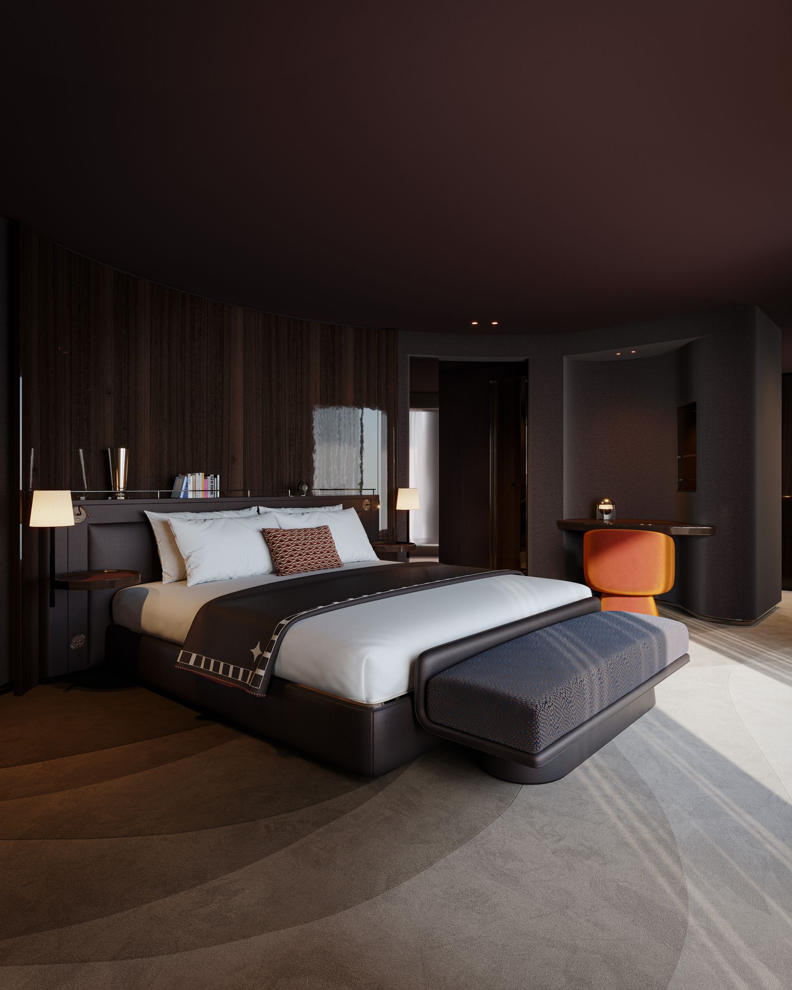Image may contain Indoors Interior Design Corner Home Decor Furniture Bed Bedroom Room and Lamp