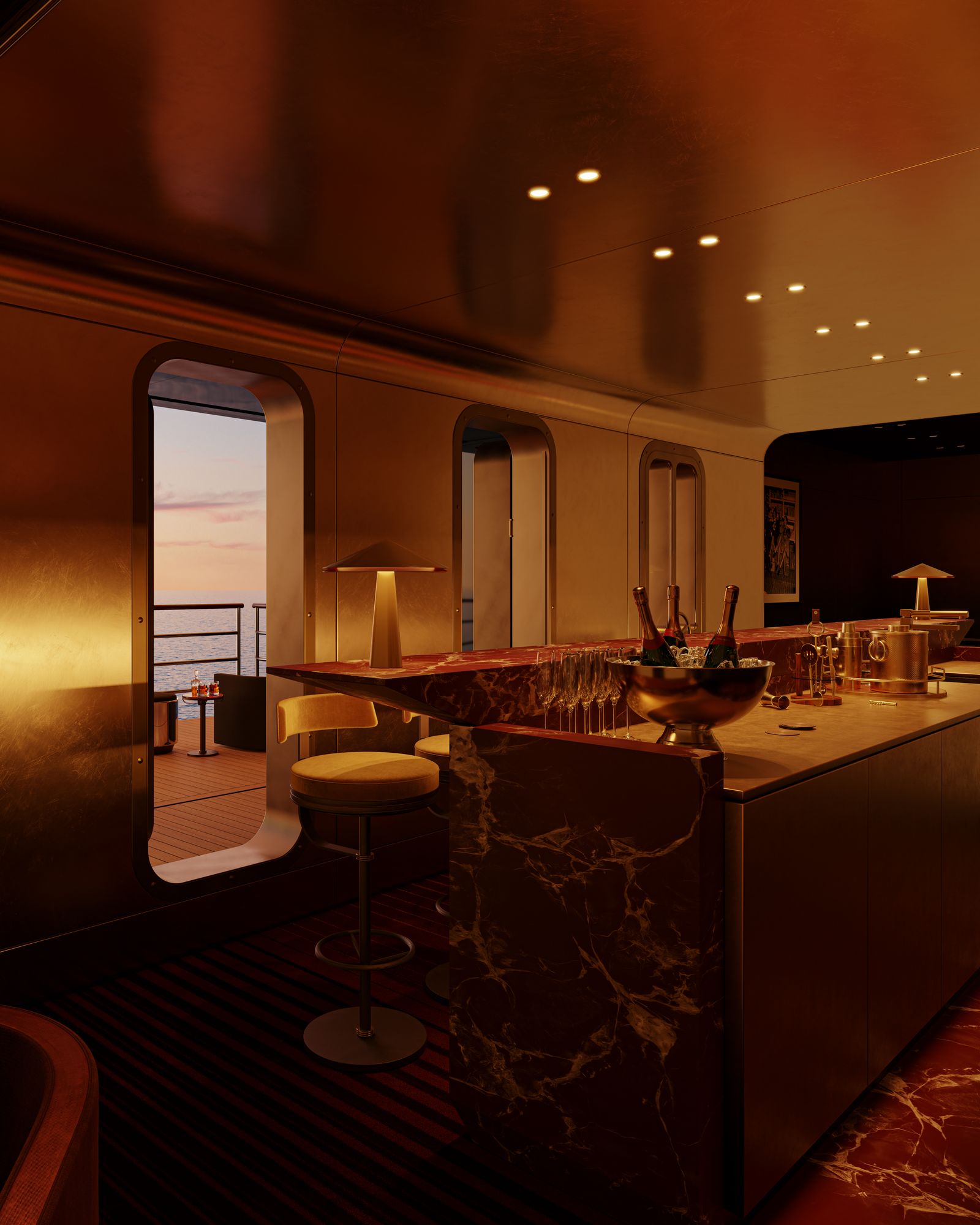 Image may contain Lighting Dining Table Furniture Table Indoors Kitchen Kitchen Island Hot Tub Tub and Chair