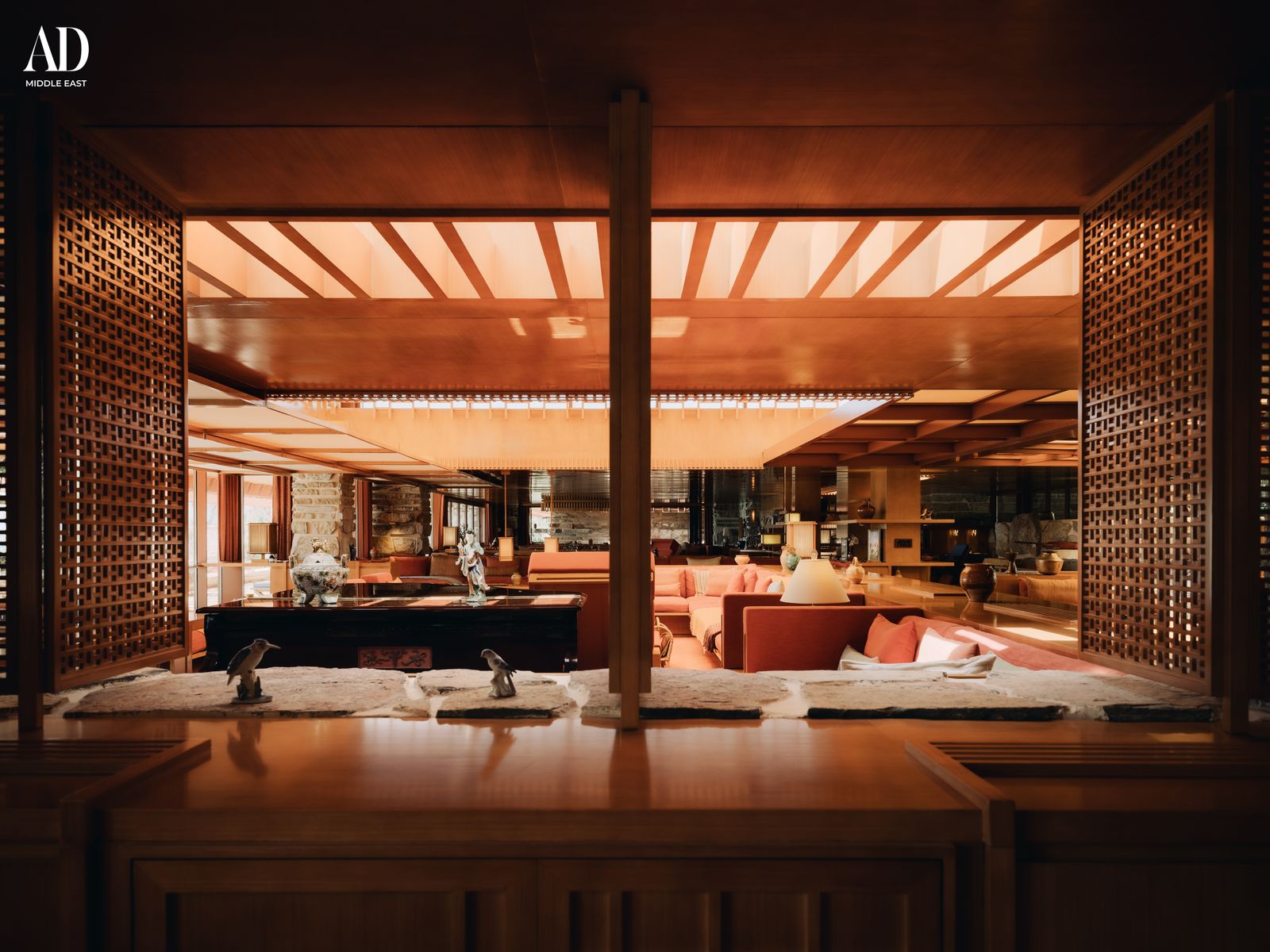 Image may contain Indoors Interior Design Wood Architecture Building Furniture Living Room Room and Couch
